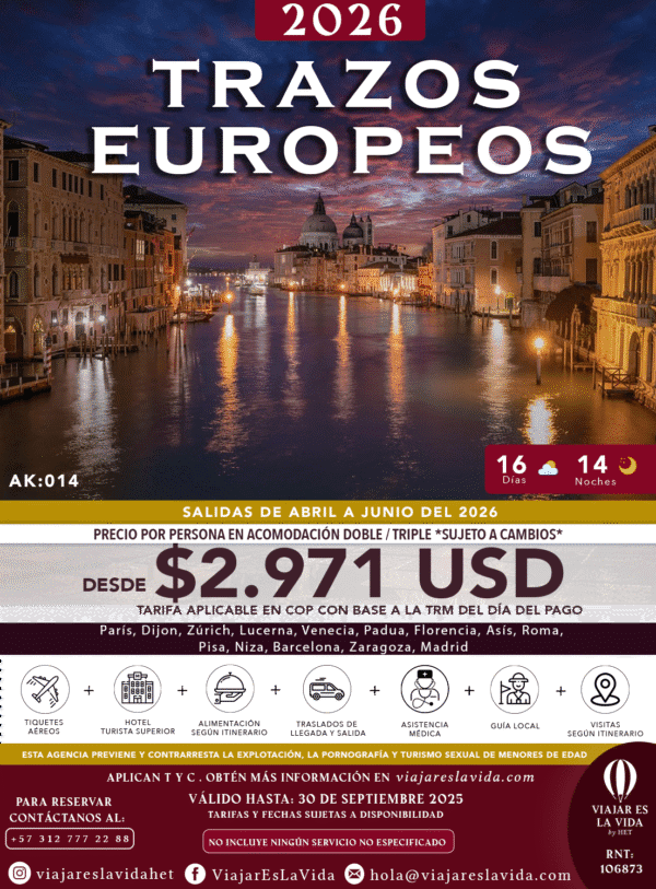 TRAZOS EUROPEOS ABRIL A JUNIO 2026 DESDE BOGOTÁ AK014