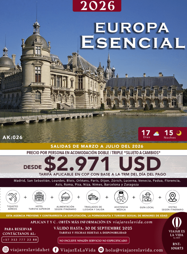 EUROPA ESENCIAL MARZO A JULIO 2026 DESDE MEDELLÍN AK026
