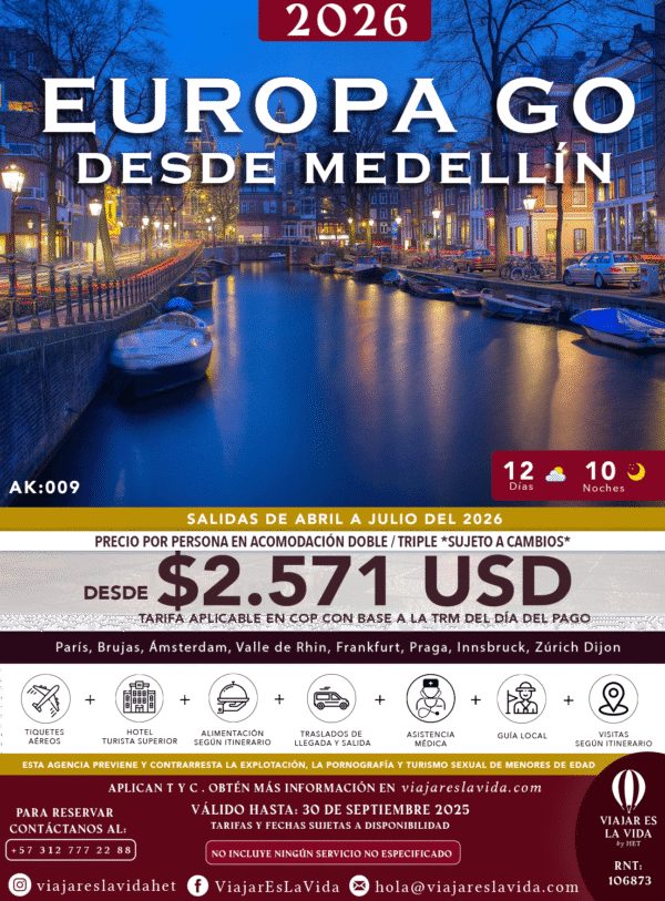 EUROPA GO ABRIL A JULIO 2026  DESDE MEDELLÍN AK009